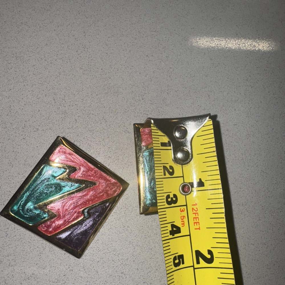 Vintage Retro Goldtone Pierced Multi Color Enamel Earrings Square - Picture 5 of 5